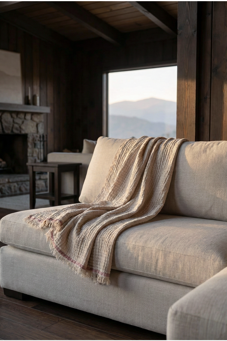 Vintage Texture Linen Throw with Stripes, Alternate, color, Beige/Pink
