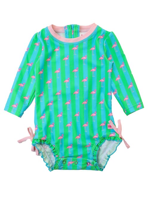 Shop Rufflebutts Toddler Girls Long Sleeve Upf50+ One Piece Rash Guard In Neon Flamingo Stripe