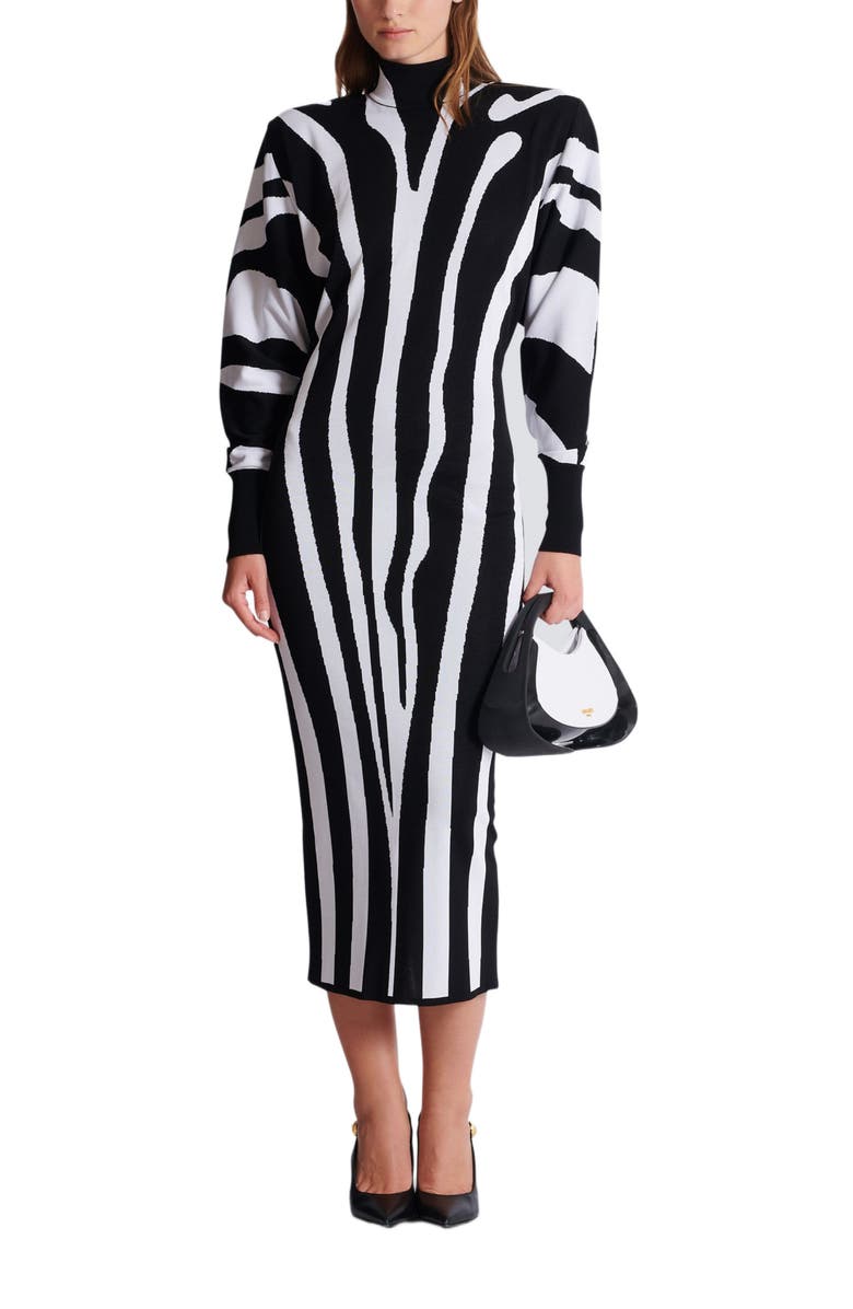 Balmain Long Knit Dress With Zebra Intarsia, Alternate, color, Black