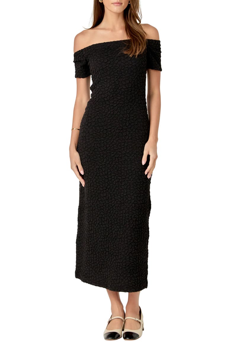 Textured Off the Shoulder Midi Dress, Alternate, color, BLACK