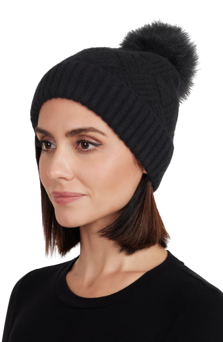 Amicale Cashmere Basketweave Rib Knit Beanie with Genuine Shearling Pom, Alternate, color,