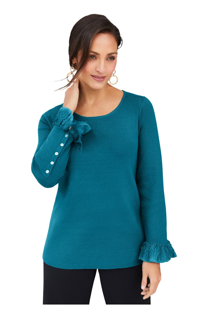 Jessica London Lace Cuff Pullover, Main, color, Deep Teal
