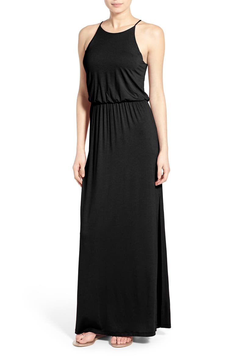 High Neck Maxi Dress, Main, color, BLACK