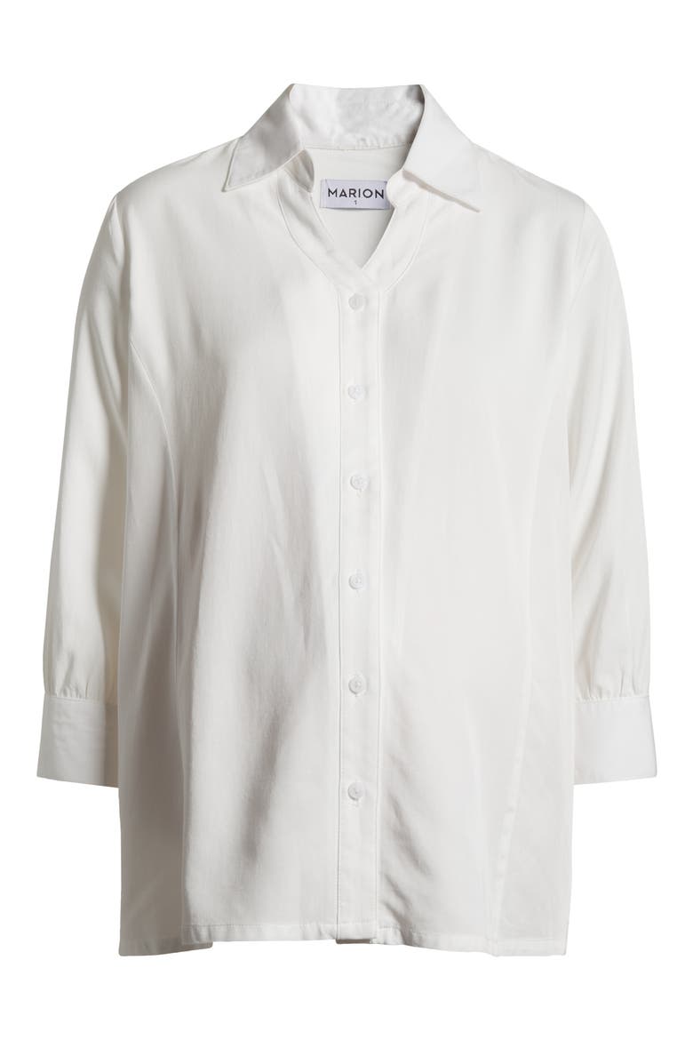 Women's Petite No-Gap 3/4 Sleeve Maternity & Nursing Button Down Shirt in with Bra Concealing Design in TENCEL, Alternate, color, WHITE