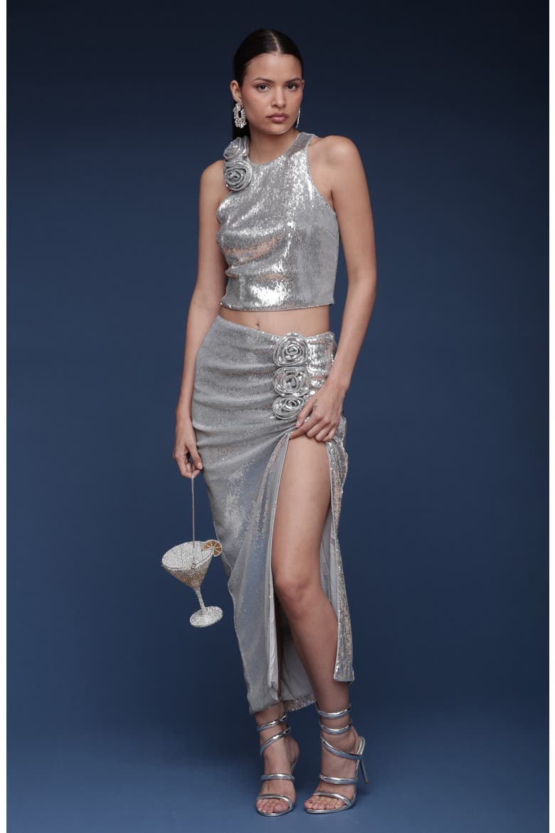 Metallic Rosette Detail Ruched Maxi Skirt, Alternate, color, SILVER