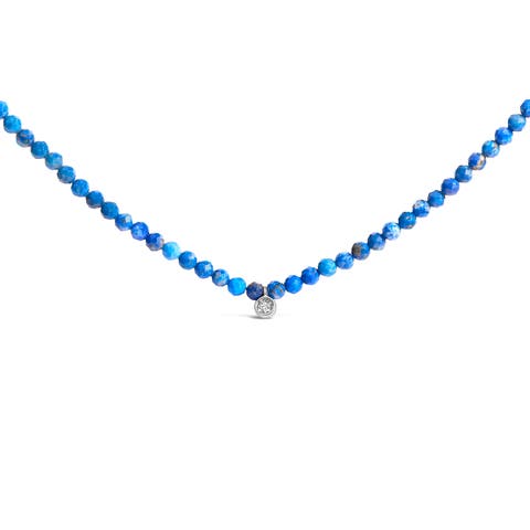 Sterling Silver Diamond Accent Blue Lapis Bead Station Necklace