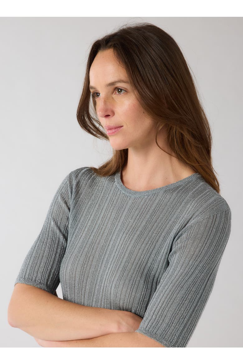Metallic Rib Elbow Sleeve Crewneck, Alternate, color, METAL SILVER