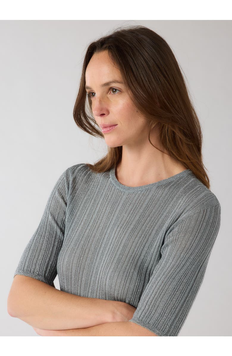 Majestic Filatures Metallic Rib Elbow Sleeve Crewneck, Alternate, color, Metal Silver
