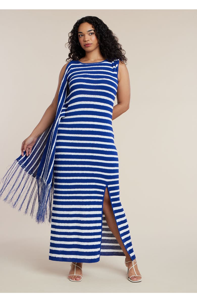 ELOQUII Fringe Detail Striped Knit Maxi Dress, Main, color, Blue White Stripe