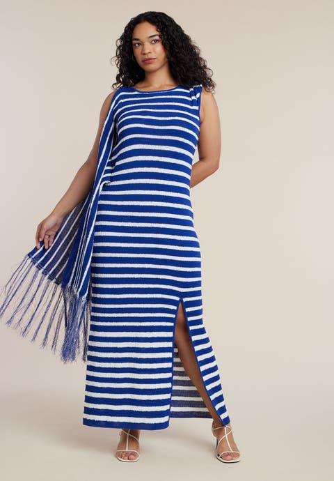 Fringe Detail Striped Knit Maxi Dress (Plus)