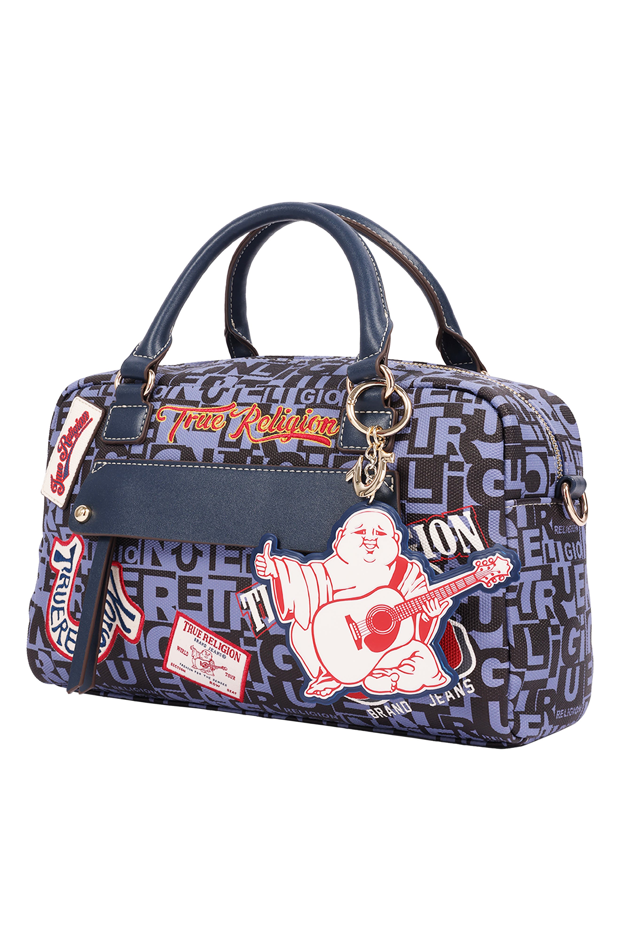 Multi Patch Faux Leather Graphic Satchel, Alternate, color, NAVY