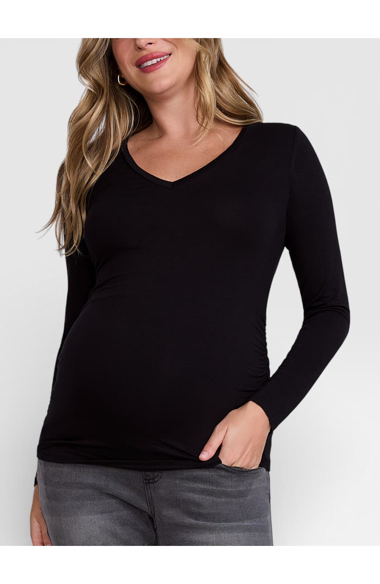 MOTHERHOOD MATERNITY V-Neck Side-Ruched Maternity Long Sleeve Tee, Main, color, Black