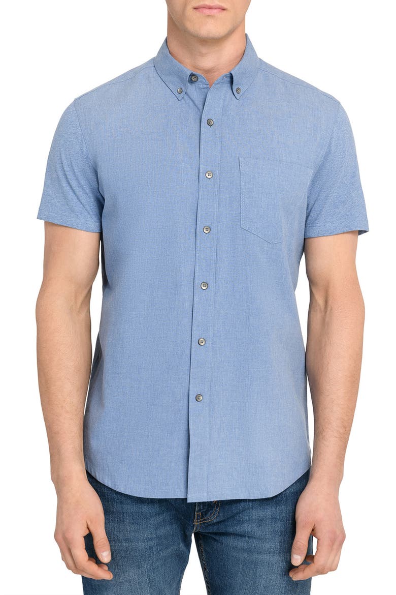 Reworked Slim Fit Solid Short Sleeve Cotton Button-Down Shirt, Main, color, BLUE