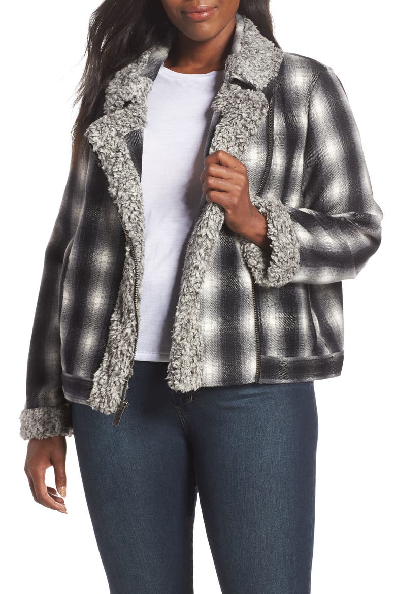 Faux Shearling Trim Plaid Jacket, Alternate, color, RICH BLACK