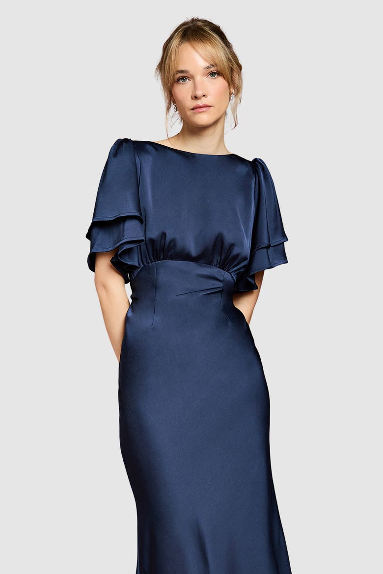 High Neck Crepe Maxi Dress, Alternate, color, Navy