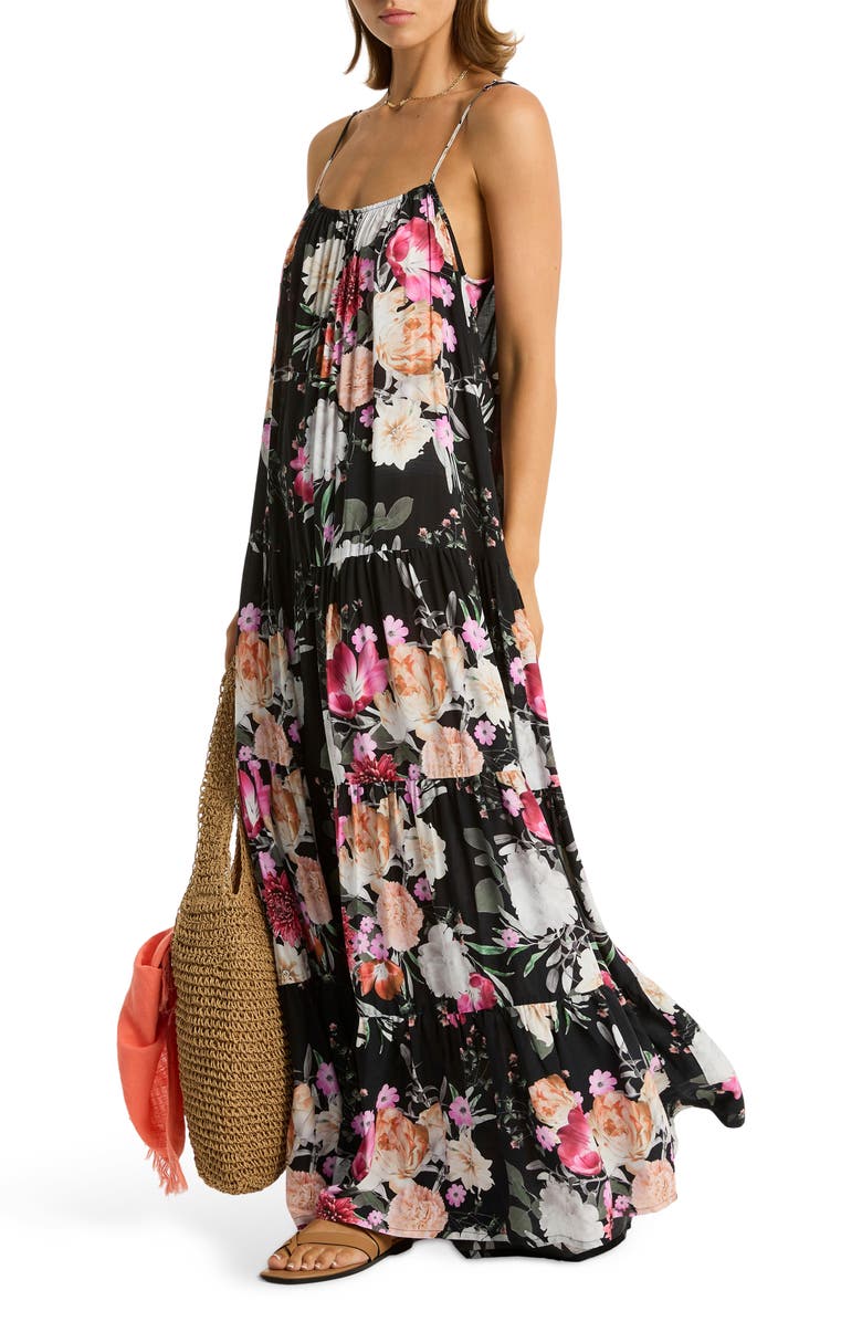 Sea Level Belle Tiered Cover-Up Maxi Dress, Alternate, color, Black