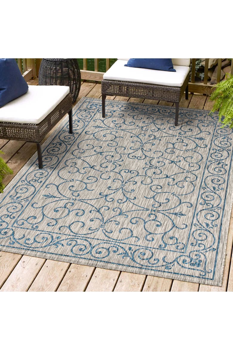 Charleston Vintage Filigree Textured Weave Indoor/Outdoor Area Rug, Alternate, color, Gray/Navy
