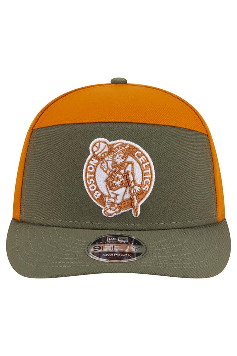 Men's New Era  Olive/Burnt Orange Boston Celtics Two-Tone Color Pack Split Panel 9FIFTY Adjustable Hat, Alternate, color, Olive