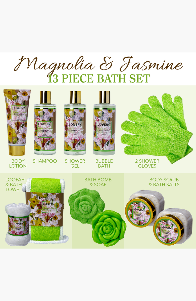 Lovery Home Spa Gift Basket - Magnolia & Jasmine Scent - 13pc Set, Alternate, color, Light Green / Floral