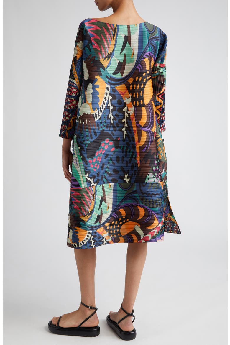 Snowrunner Print Pleated Long Sleeve Shift Dress, Alternate, color, DARK BLUE