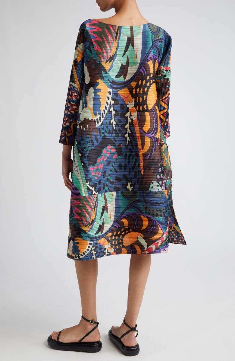 Pleats Please Issey Miyake Snowrunner Print Pleated Long Sleeve Shift Dress, Alternate, color, 