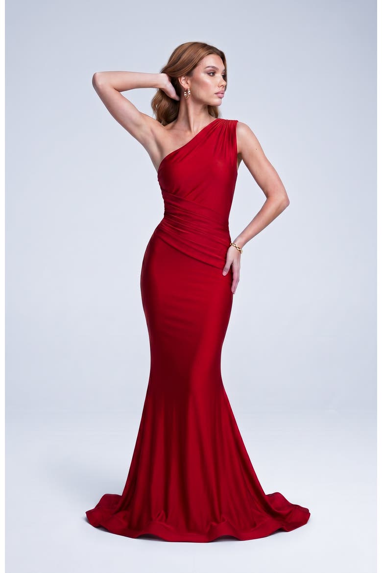 One Shoulder Ruched Mermaid Evening Gown, Alternate, color, Red