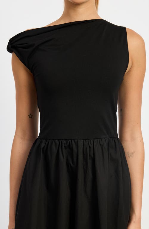 En Saison Mixed Media Asymmetric Neck Midi Dress In Black
