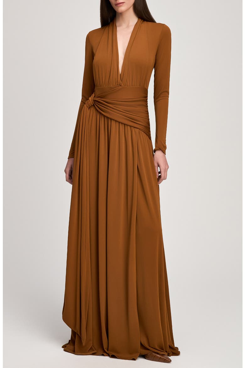 Zaviana Long Sleeve Matte Jersey Gown, Alternate, color, TOFFEE
