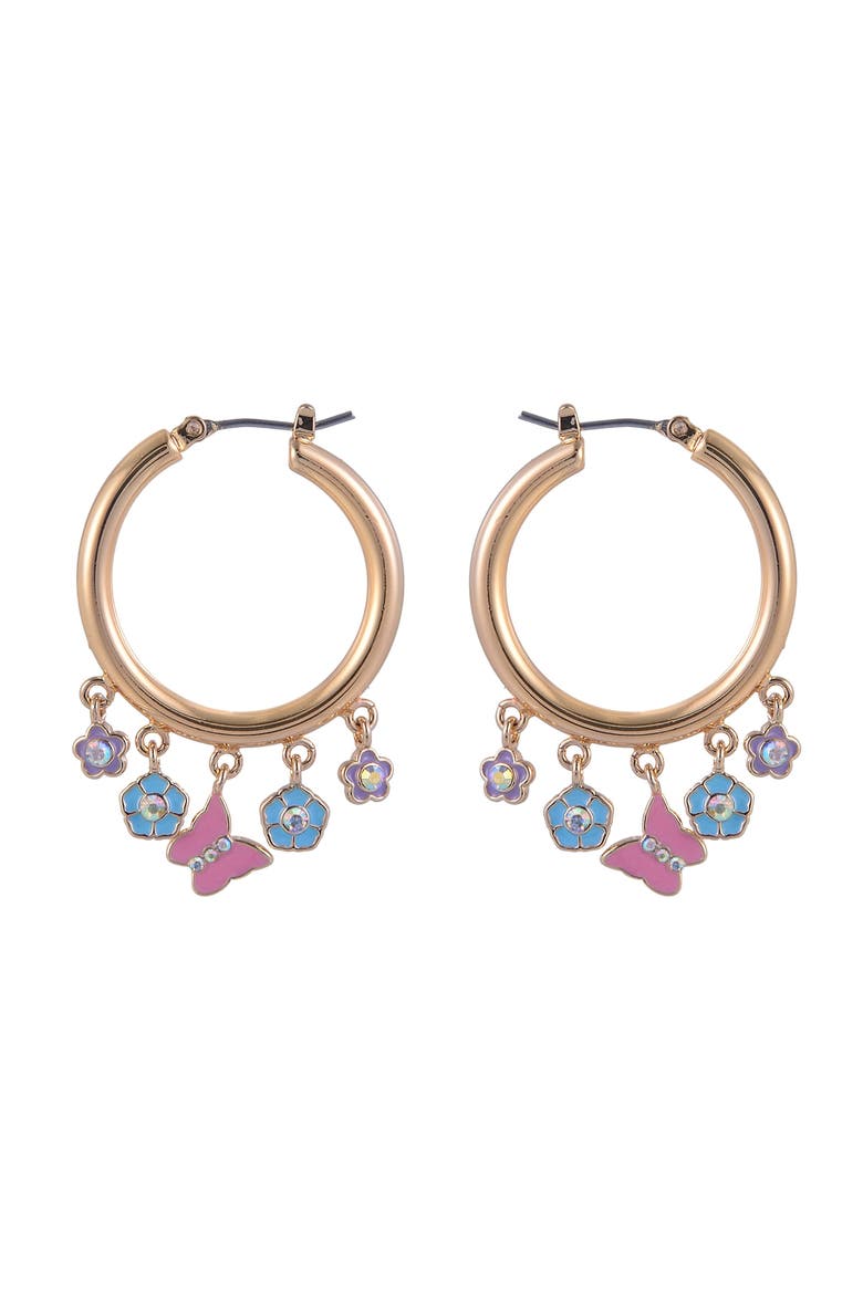 Gold Tone Hoop Earrings with Enamel Flower Drops, Alternate, color, Pink