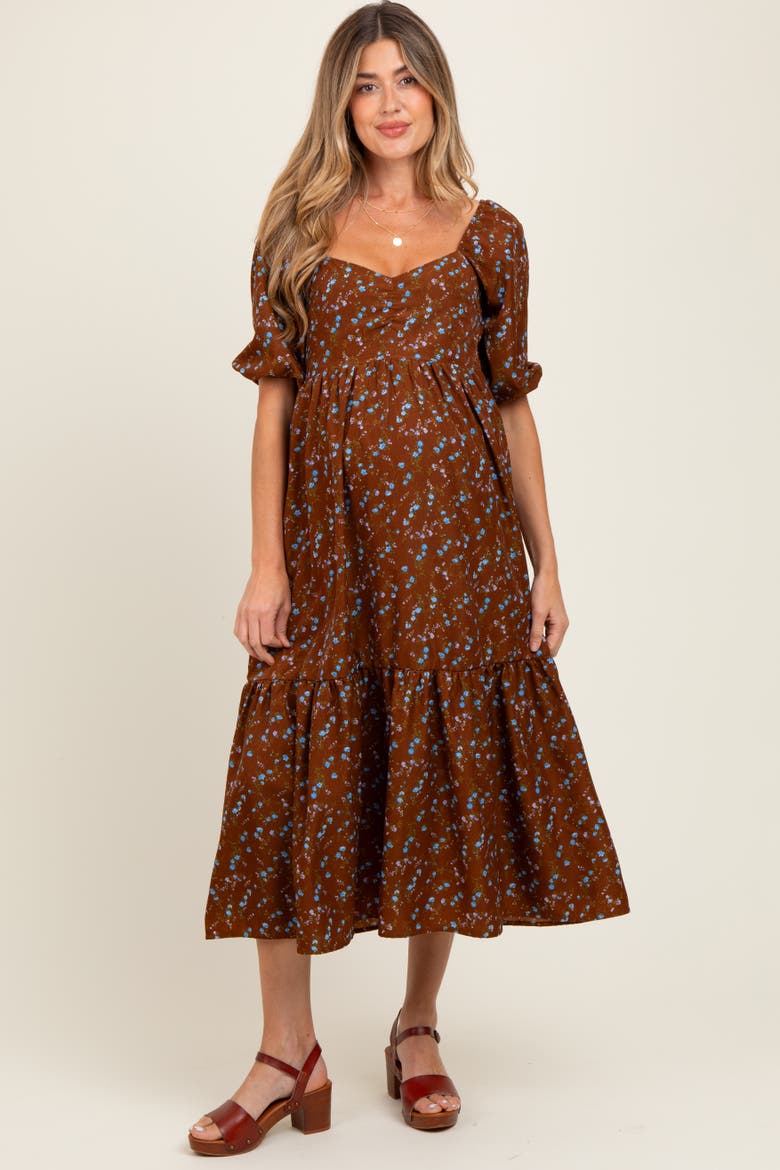 Floral Sweetheart Puff Sleeve Midi Dress, Alternate, color, Mocha