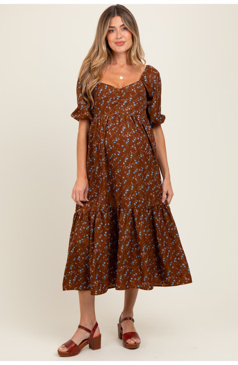 PinkBlush Floral Sweetheart Puff Sleeve Midi Dress, Alternate, color, Mocha