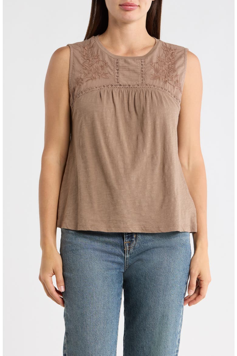 Embroidered Yoke Cotton Tank, Main, color, PINE BARK