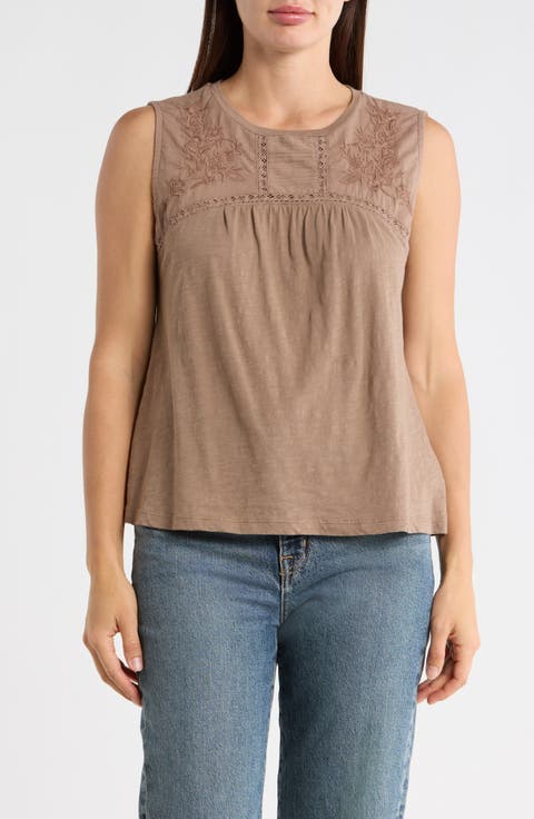 Embroidered Yoke Cotton Tank