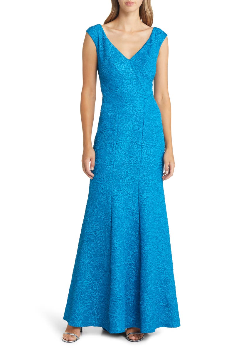 Tadashi Shoji Floral Jacquard Off the Shoulder Trumpet Gown, Main, color, 