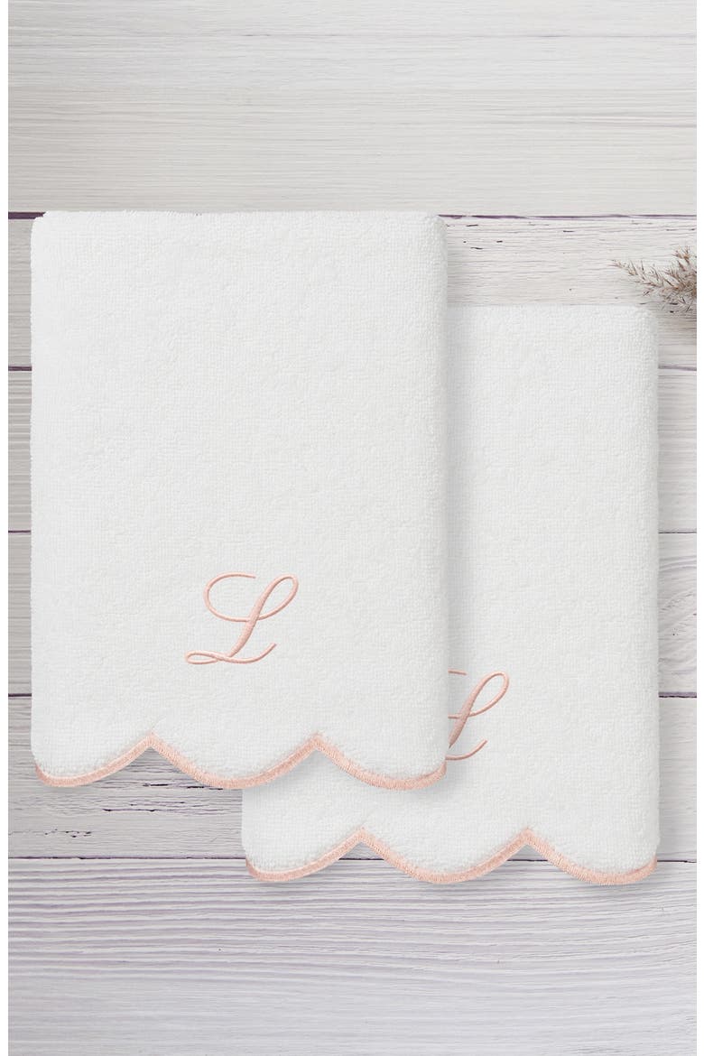 Adornia Scallop Set of 2 Monogram Hand Towels, Alternate, color, WHITE/ PINK L