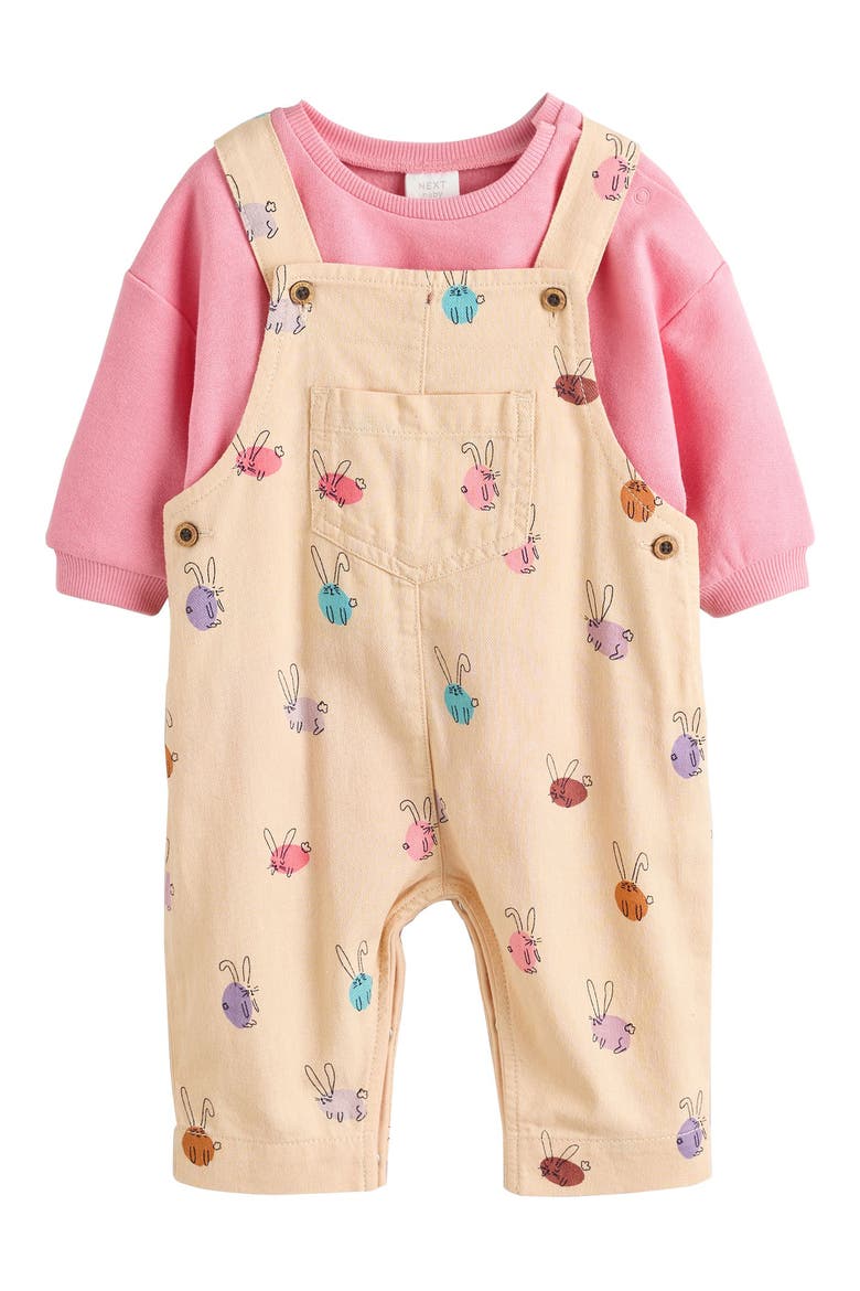 Bunny Print Overalls & Bodysuit Set, Main, color, CREAM