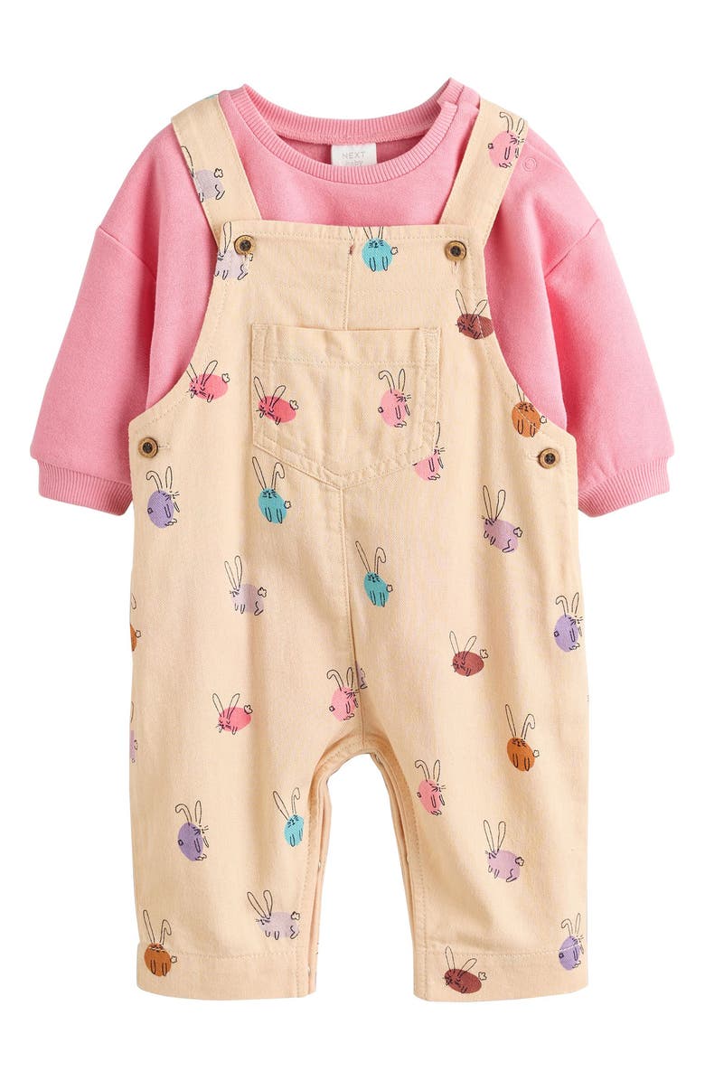 NEXT Bunny Print Overalls & Bodysuit Set, Main, color, Cream