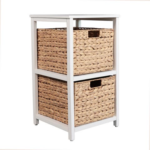Cohen Coastal Bohemian Handcrafted Acacia Wood 2-Tier Storage Cabinet with 2 Water Hyacinth Woven Baskets