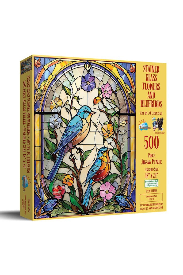 Stained Glass Flowers and Bluebirds 500 piece Jigsaw Puzzle for Adults, Main, color, Multicolor
