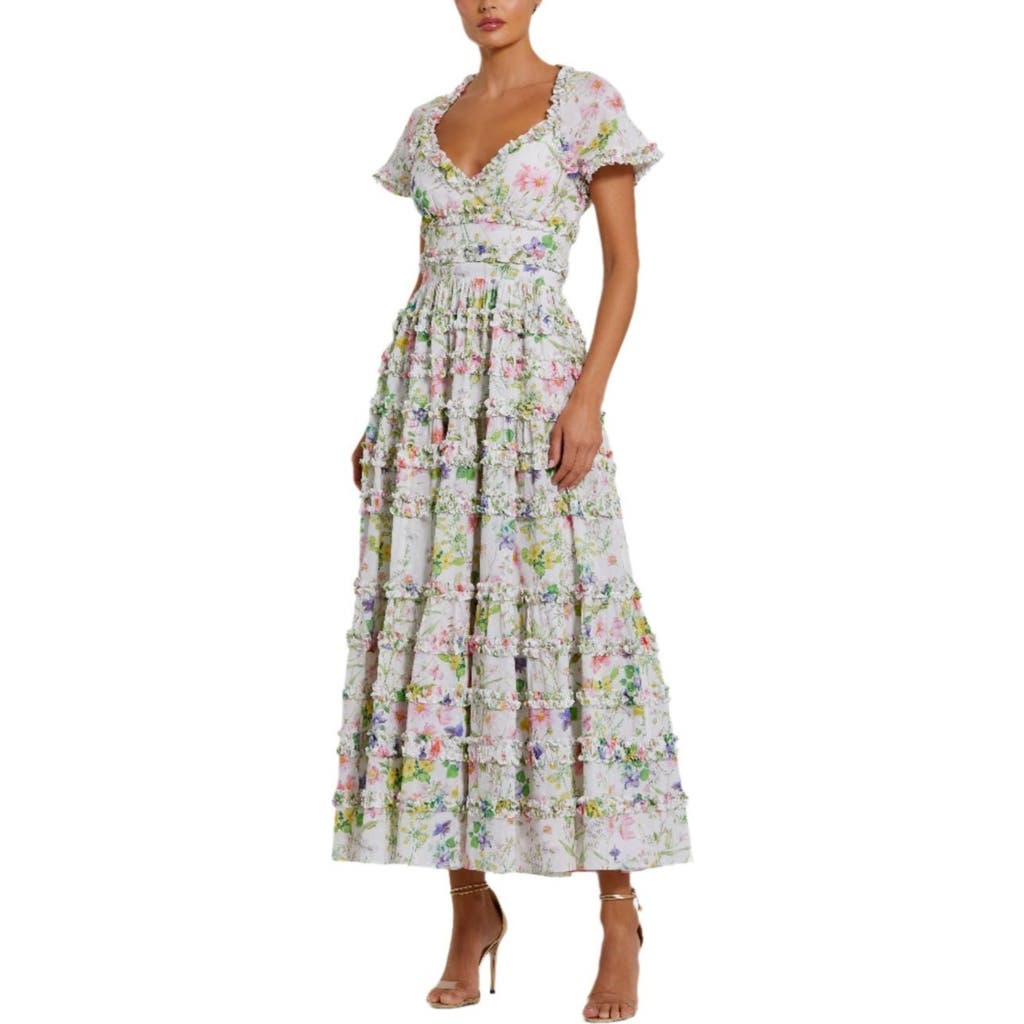 Mac Duggal Cap Sleeve V Neck Open Back Floral Cotton Dress In White Multi