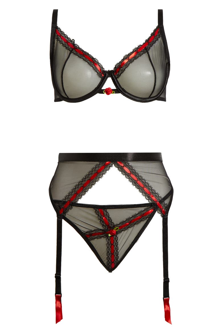 Lace Trim Mesh Underwire Bra, G-String & Garter Belt Set, Alternate, color, BLACK