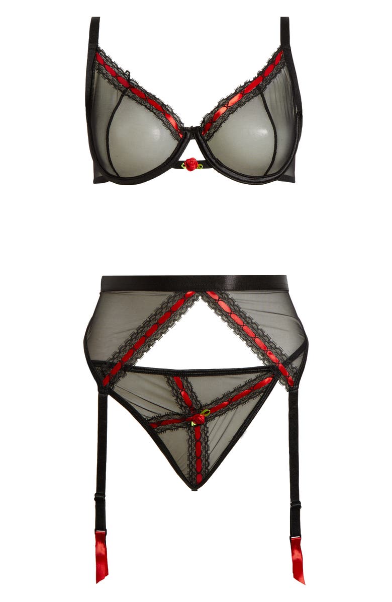 Coquette Lace Trim Mesh Underwire Bra, G-String & Garter Belt Set, Alternate, color, Black