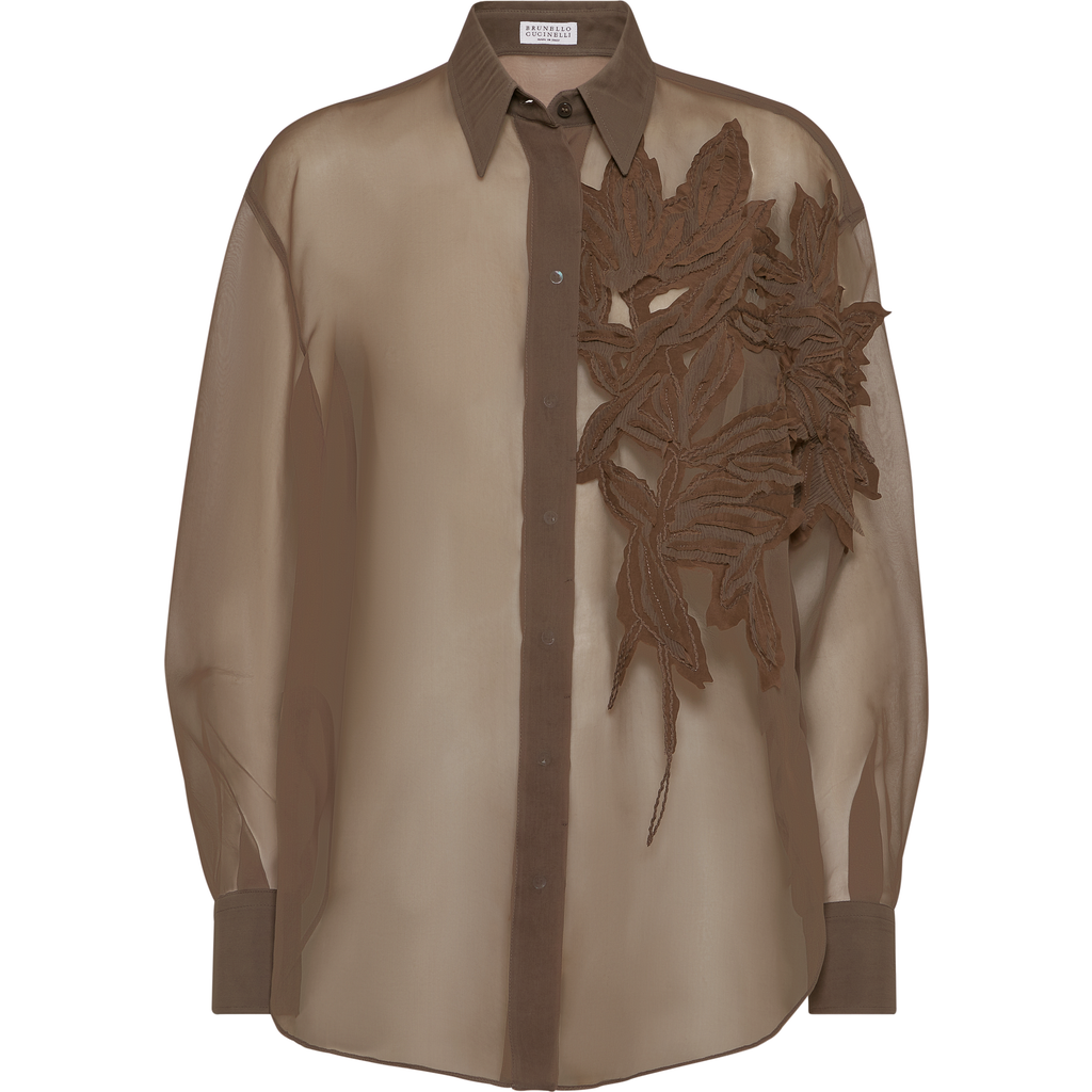 Brunello Cucinelli Laser Cut Crispy Silk Chiffon Blouse In Brown