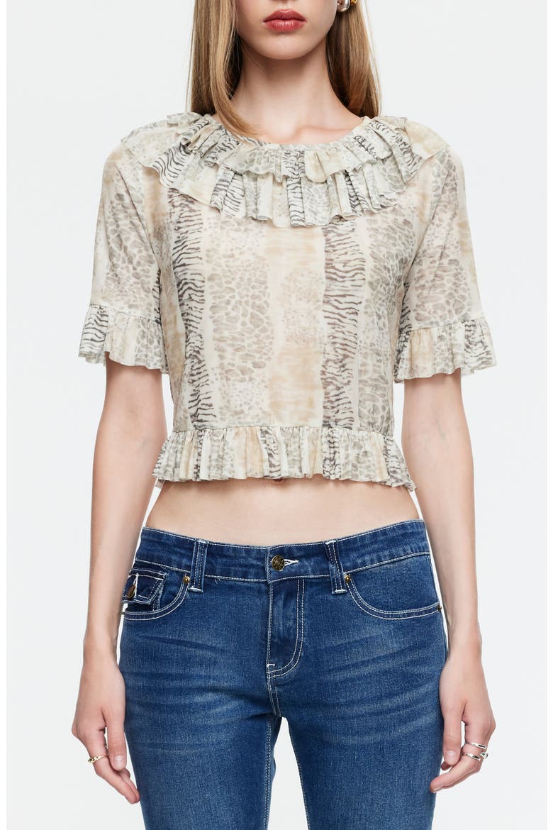 First Light Print Frill Collar Crop Top, Main, color, MULTI ANIMAL