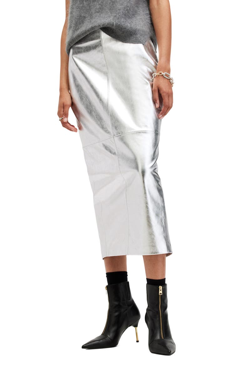 Renai Metallic Leather Midi Skirt, Alternate, color, SILVER