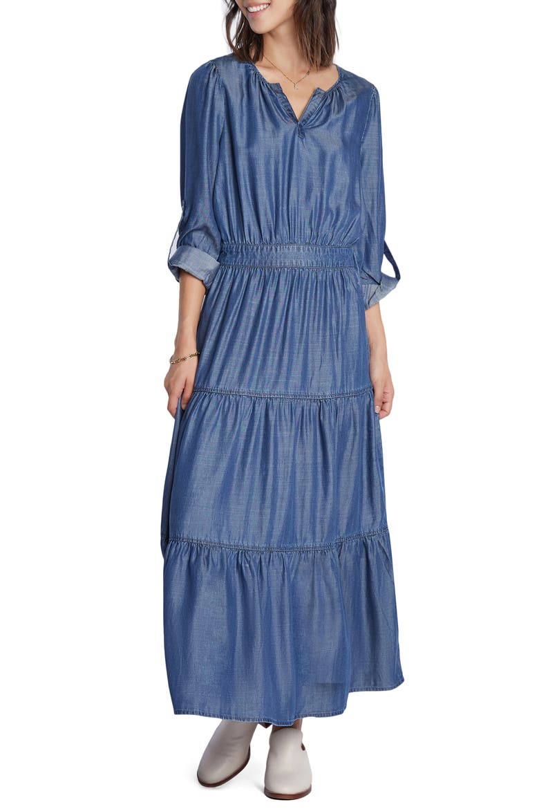 Tiered Long Sleeve Denim Maxi Dress, Main, color, DEEP BLUE