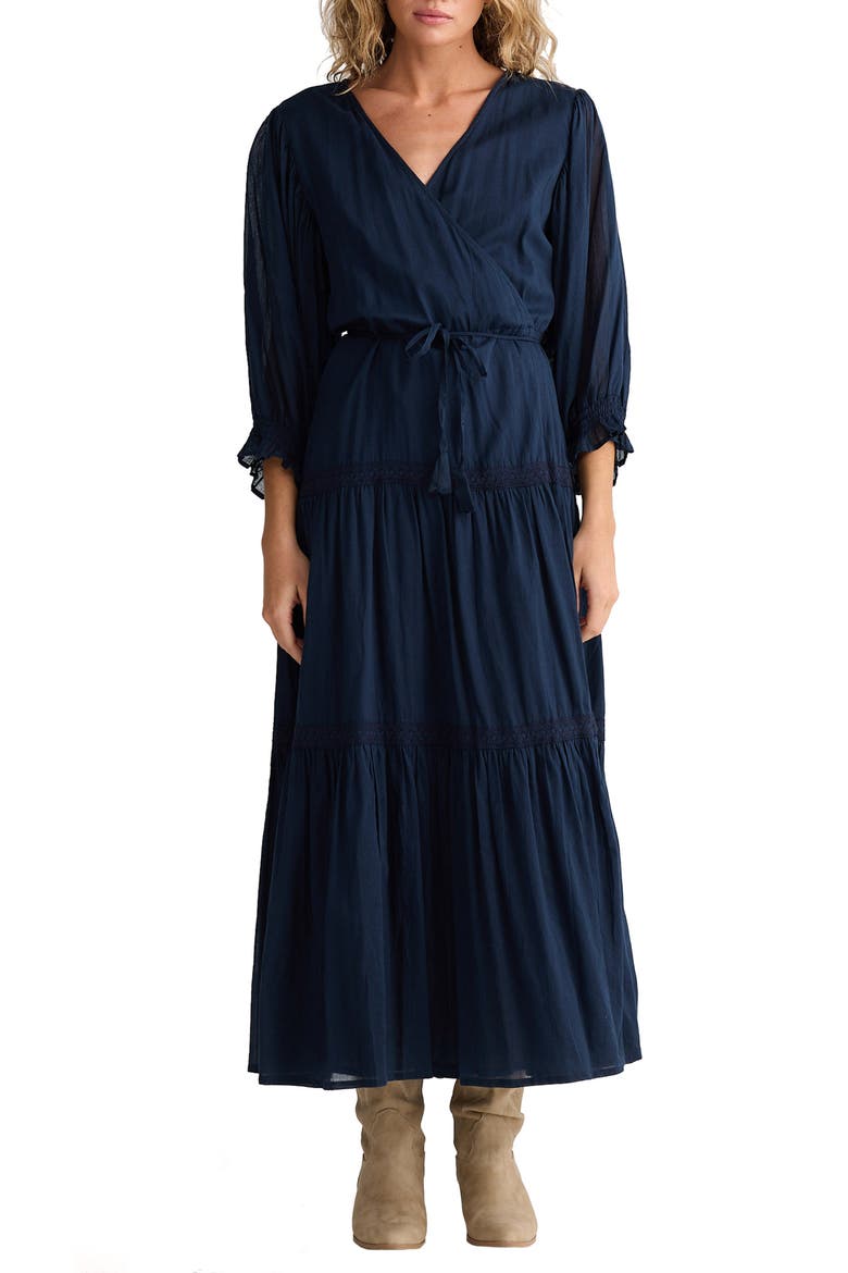 Lunar Wrap Front Tiered Cotton Dress, Main, color, NAVY