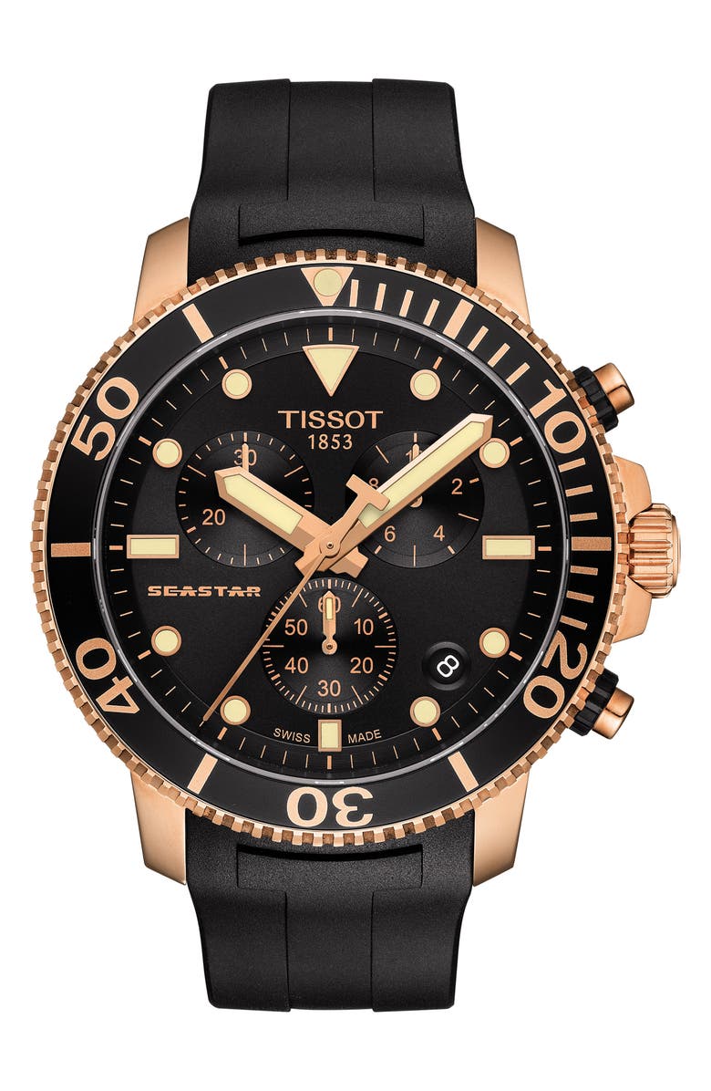 Tissot Seastar 1000 Chronograph Rubber Strap Watch, 45mm, Main, color, Black/ Rose Gold