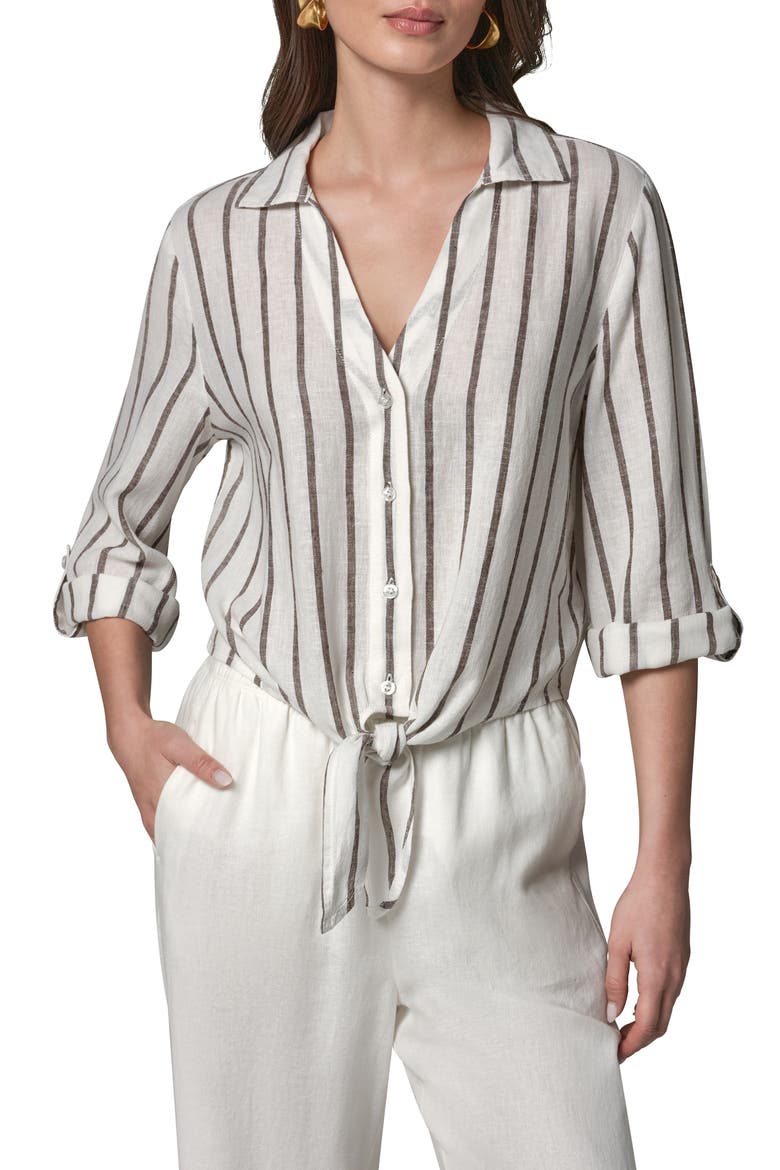 Yarn Dye Stripe Crop Linen Blend Button-Up Shirt, Main, color, CREAM/ CANY