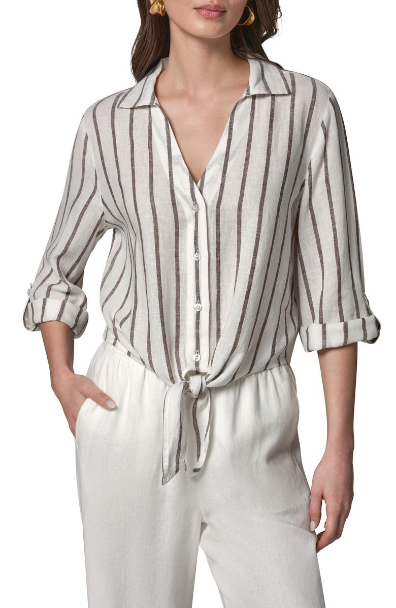 Donna Karan New York Yarn Dye Stripe Crop Linen Blend Button-Up Shirt, Main, color, Cream/ Cany